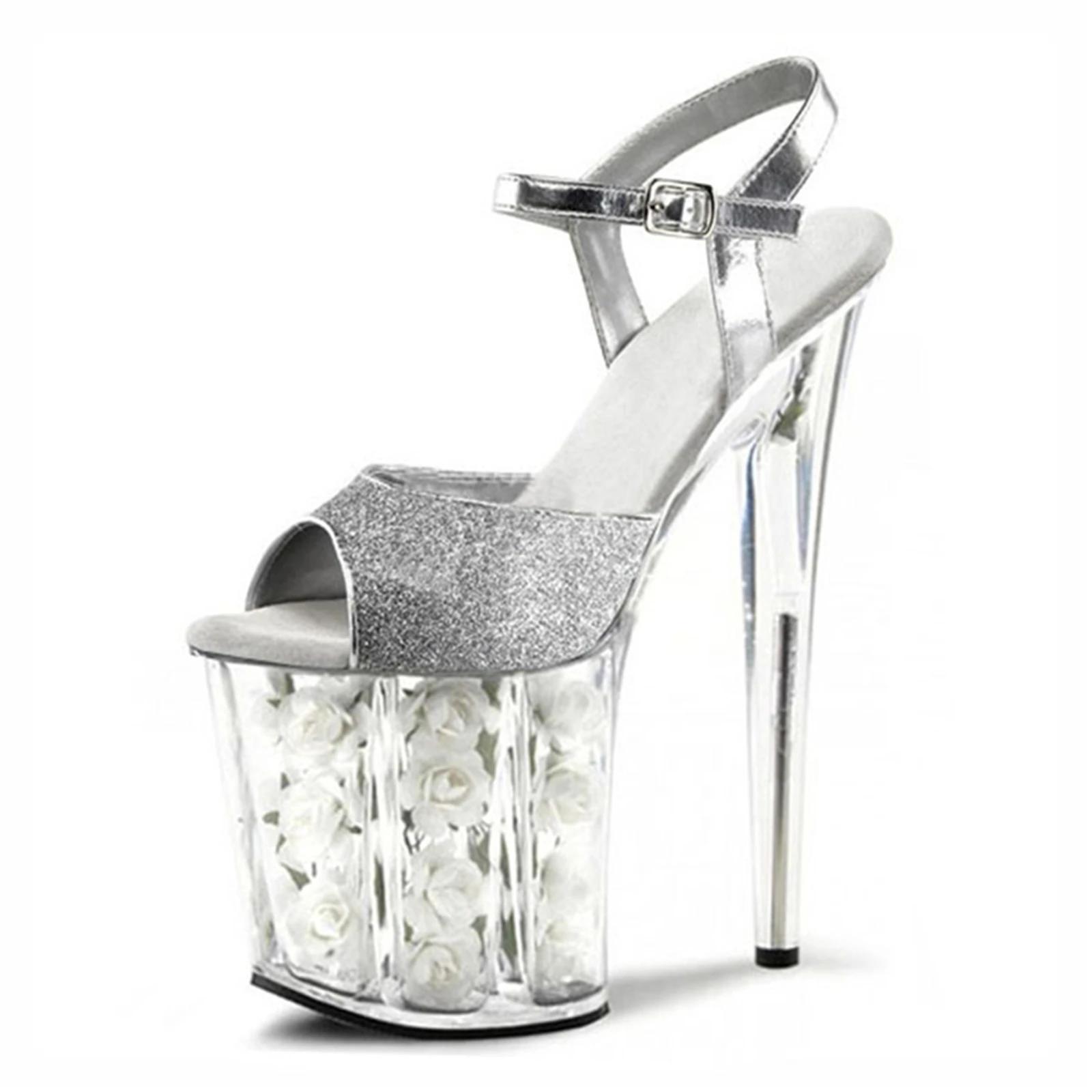 Chaussures de mariage à talons roses de 20CM, sandales à plateforme en cristal rouge avec fleurs fra