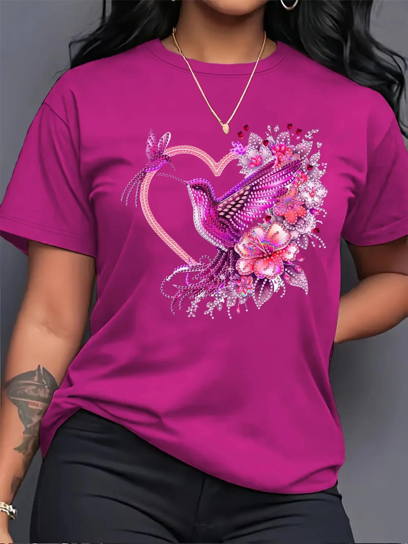 T-shirt pour femme Floral Hummingbird Heart - Motif Boho, haut rose décontracté