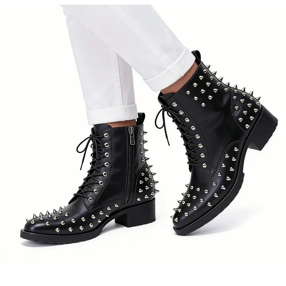 Bottes provoqué pointues en cuir véritable pour hommes, chaussures à rivets, cuir brillant, haute qu