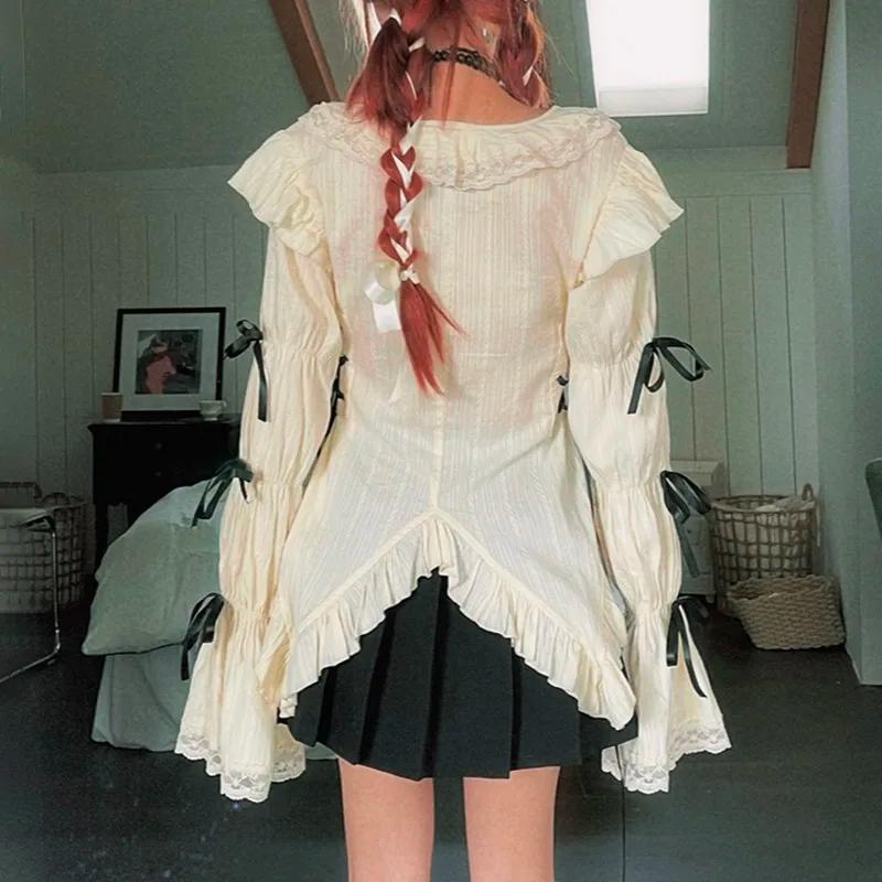 Chemise en dentelle esthétique, chemisiers irréguliers gothiques grunge, chemise bandage Harajuku, v