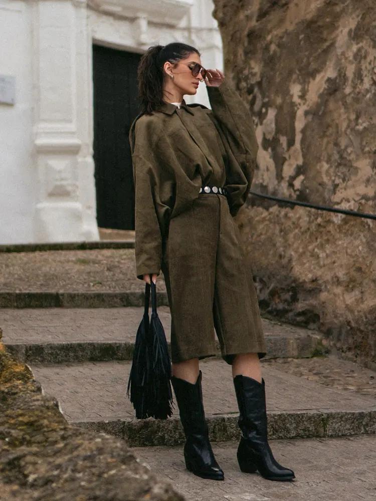 HH printemps femmes daim manteau pantalon ensembles revers fermeture éclair manches longues vestes S