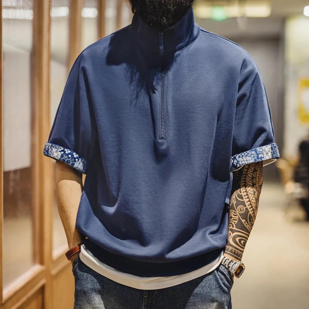 Maden Vintage demi-zip Boro Style à manches courtes Polo hommes été Indigo teint imprimé col ample T