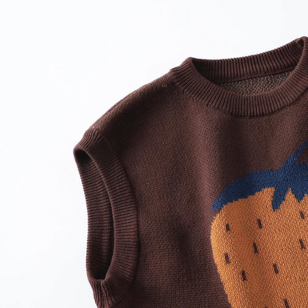 Gilet tricoté marron café pour enfants, pull sans manches à motif de fruits de dessin animé, pour en