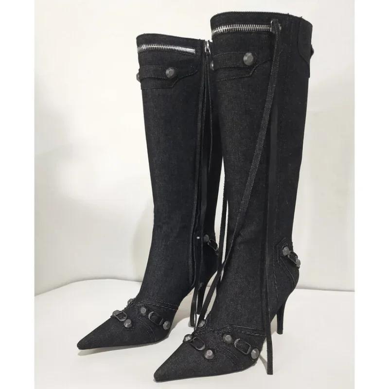 Nouvelles Bottes Hautes à Talon Fin et Rivets, Modèle 2026, pour Femmes, Pointues, Tailles 34-43, Bo