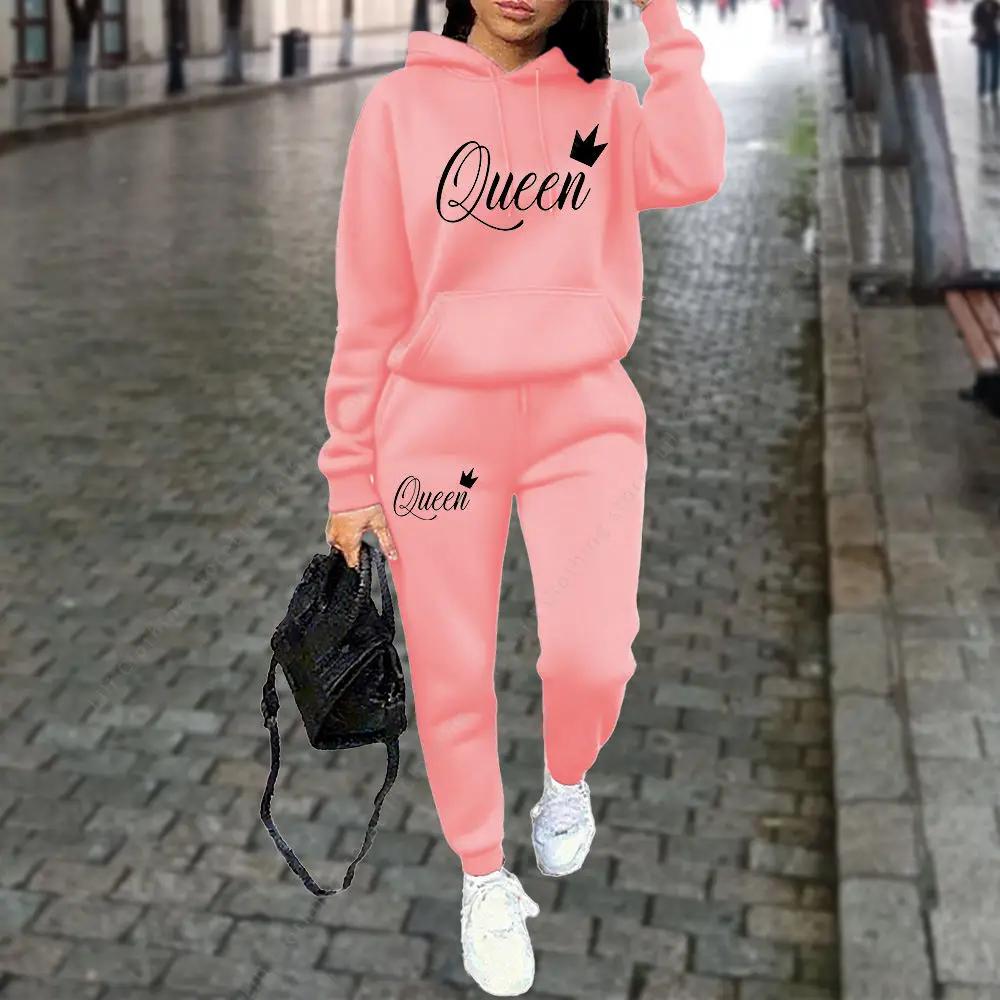 Ensemble 2 pièces pour femme avec imprimé graphique Queen Letter, sweat à capuche et pantalon, tenue