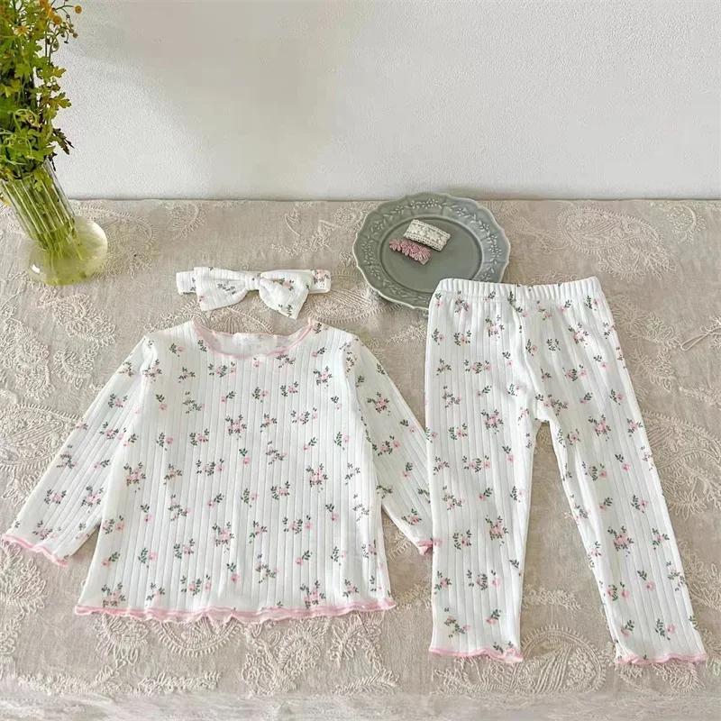 ‌ Nouveauté bébé filles imprimé fleuri coton pyjama ensemble à manches longues dentelle garniture de