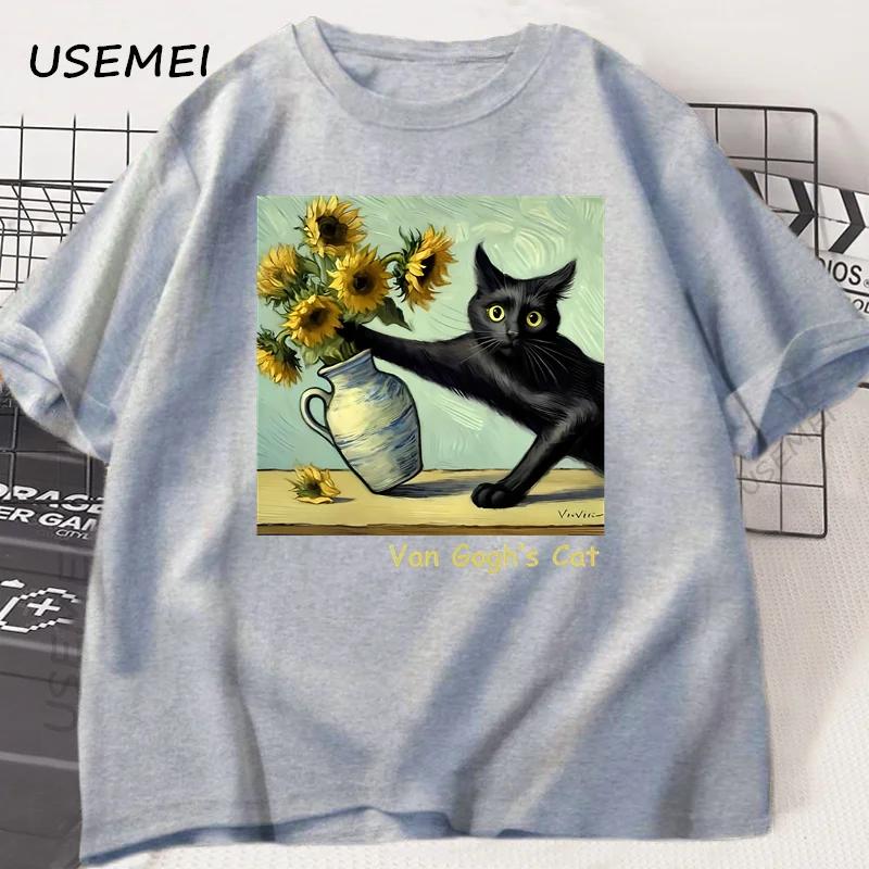 Van Gogh's chat Art impression T-shirt drôle Graphci t-shirts coton à la mode été ample à manches co