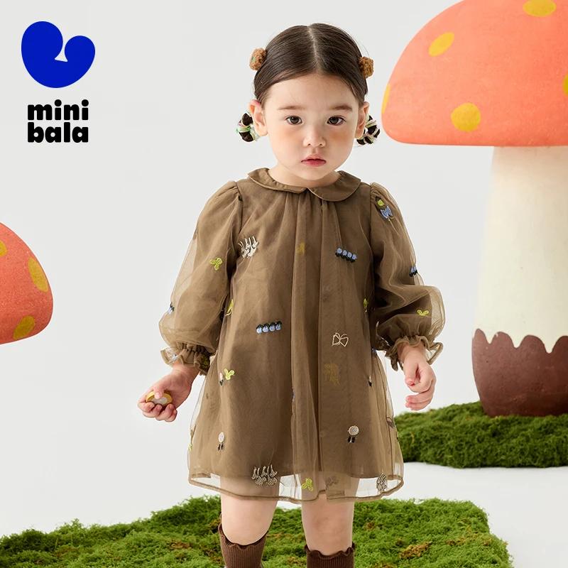 Mini robe en maille Bala pour filles, col beurre, dentelle douce brodée, jolie robe