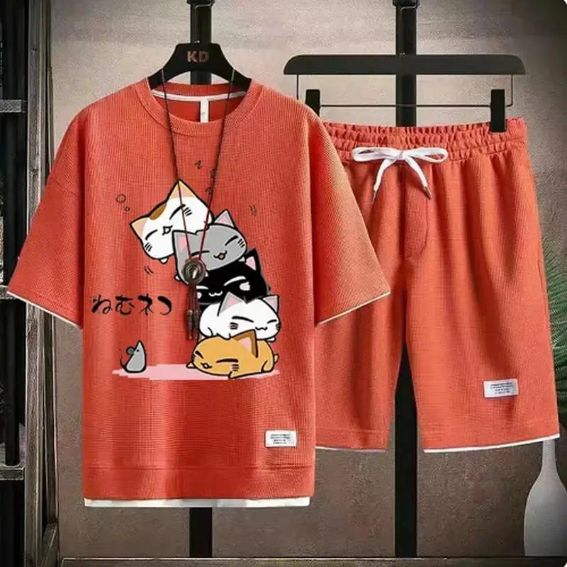 Ensemble gaufré d'été pour hommes, marque à la mode, t-shirt et short décontractés, ensemble de spor