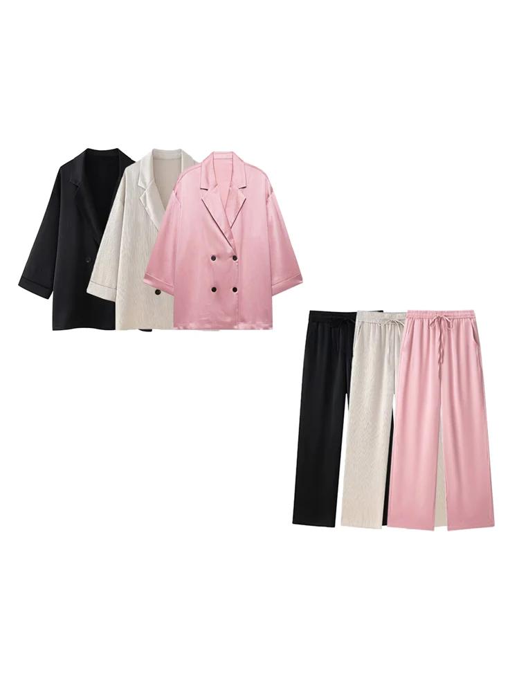 Manteau Blazer ample à Double boutonnage pour femmes, pantalon à jambes larges à taille haute élasti