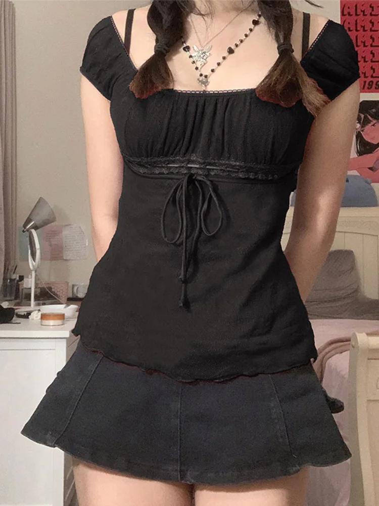 T-shirt en dentelle pour femmes, épaules dénudées, avec cordon de serrage, mode coréenne, fée Grunge