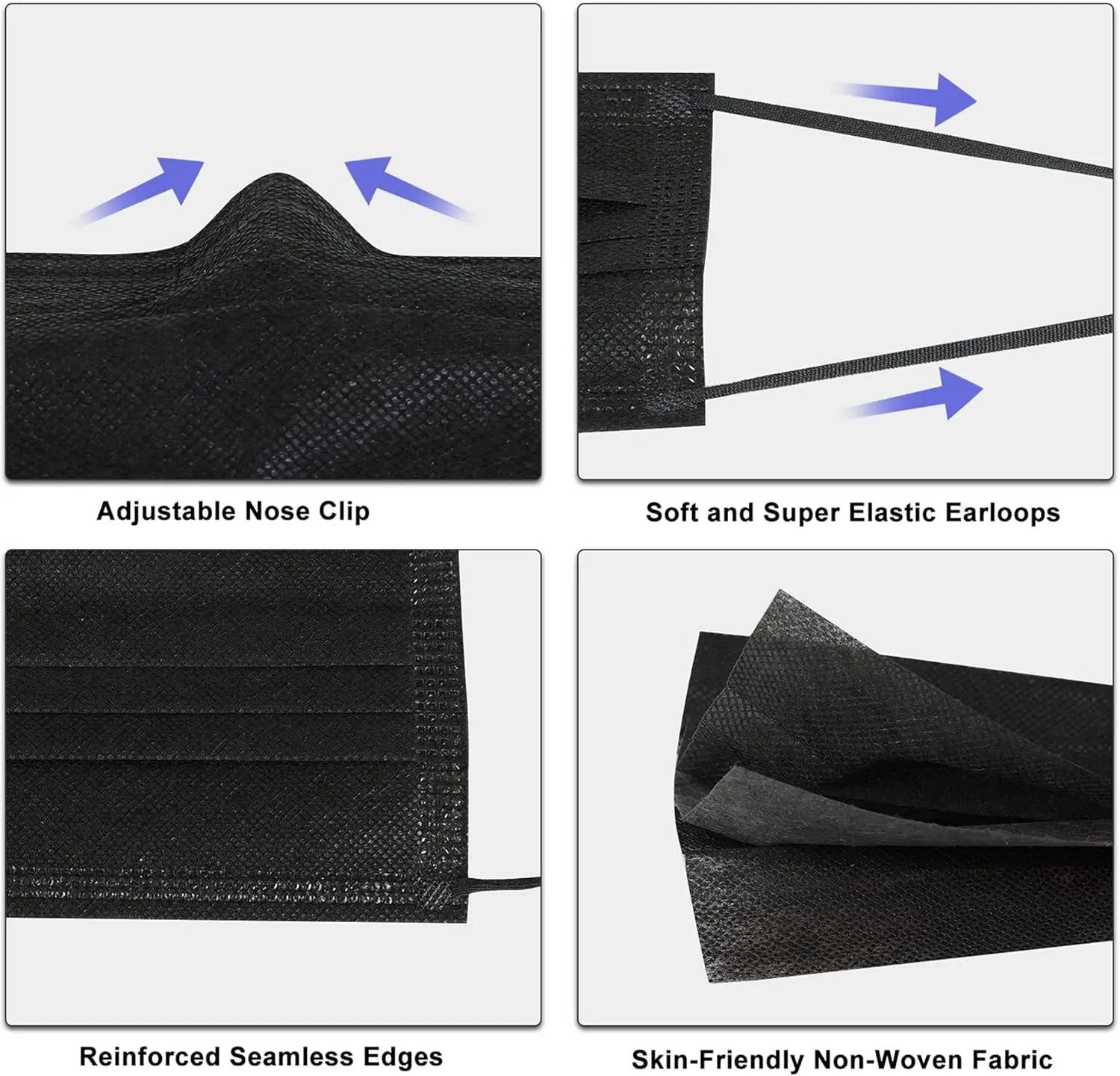 Masque de protection jetable noir, 100 pièces, 3 couches respirantes et confortables, très adapté à 