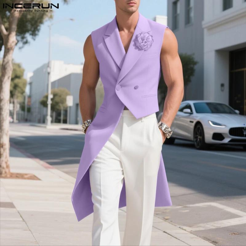 INCERUN hommes Blazer gilets fleur décoration revers sans manches gilets irréguliers hommes Streetwe