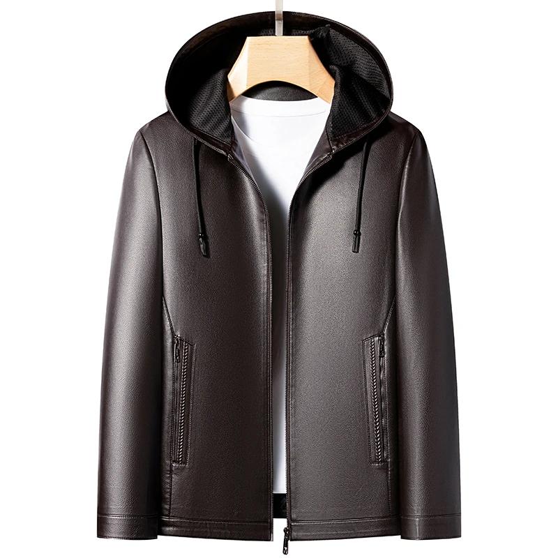 YN-2583 nouvelle veste en cuir à capuche pour hommes printemps et automne haut mince hiver en peluch
