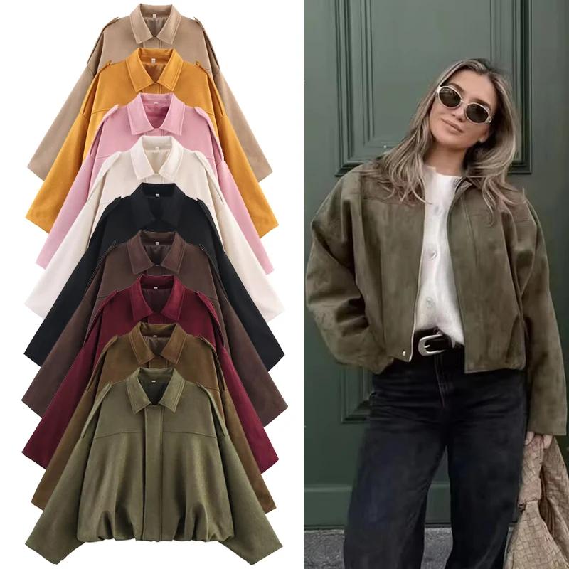 Veste en daim vert pour femmes, nouvelle mode printemps 2026, manches longues, fermeture éclair, sur