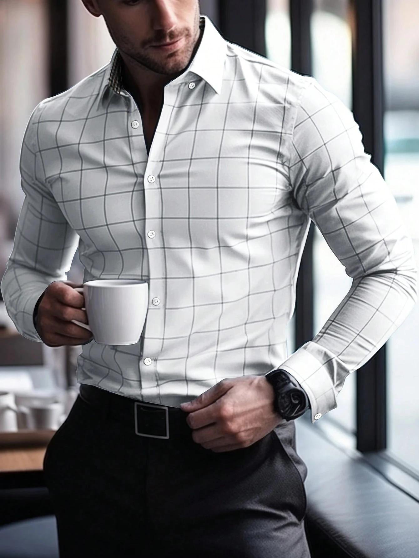 Chemise à carreaux de couleur unie pour hommes chemise boutonnée à manches longues affaires décontra