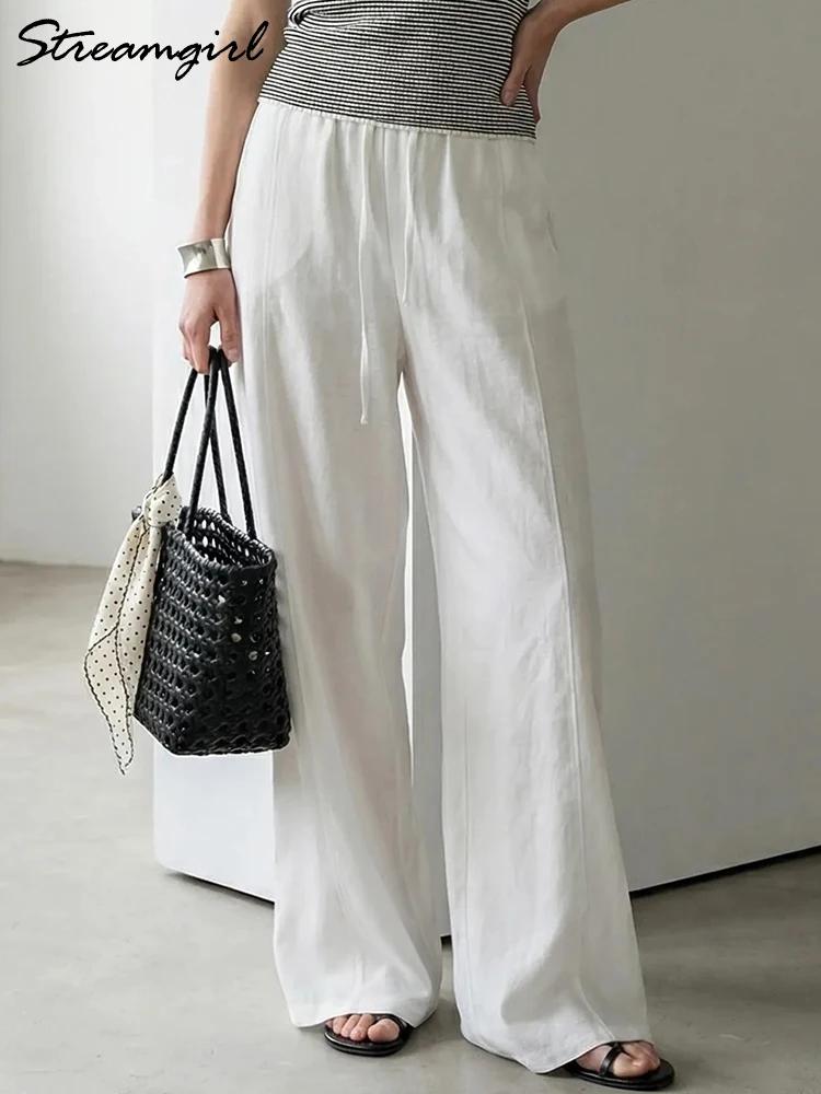 Pantalon d'été en coton pour femmes, coupe large, bleu, avec bande élastique, jambe droite, blanc, a