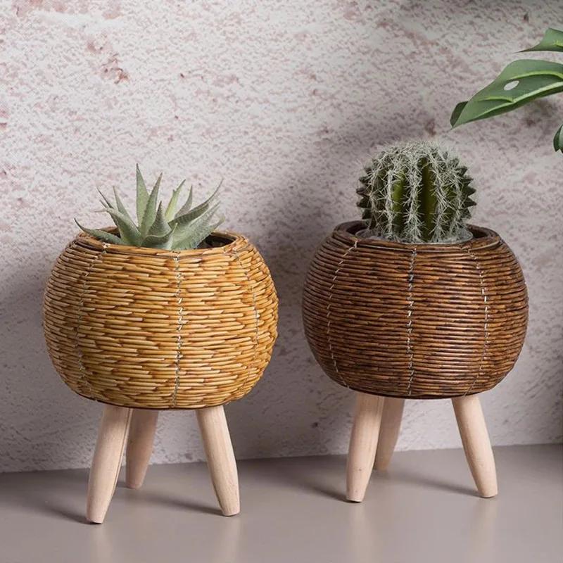 Étagère à fleurs nordique Imitation rotin Pot de fleur tissé panier de fleurs avec pieds amovibles s