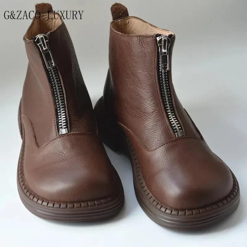 Bottes de chevalier rétro faites à la main pour femmes, bottes courtes en cuir naturel, bout large, 