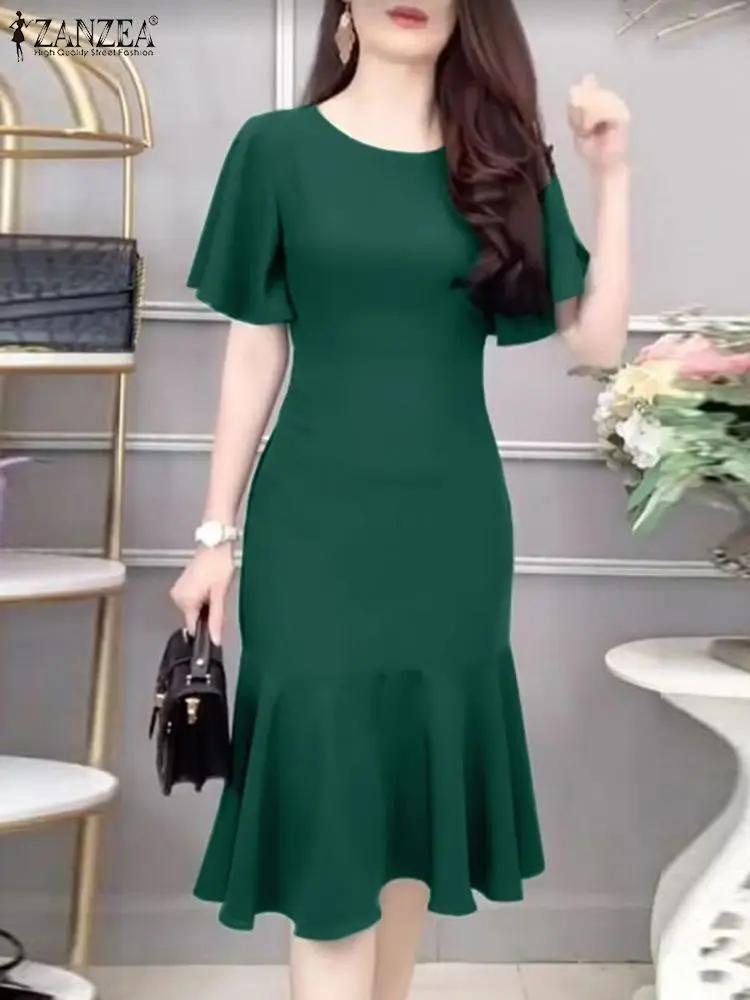 ZANZEA – Robe sirène élégante pour femmes, mode, manches courtes, col rond, ourlet à volants, ajusté