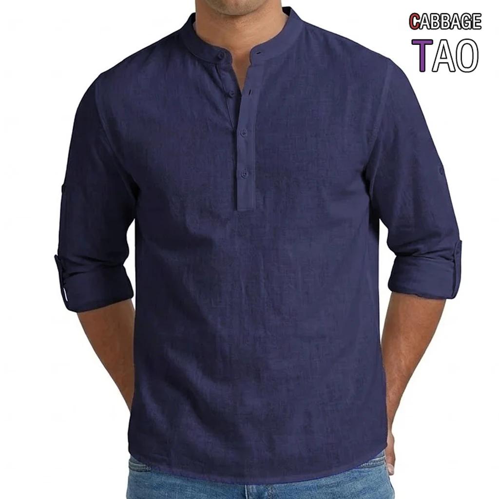 Chemises pour hommes en mélange de lin de qualité supérieure, hauts Henley à manches longues, style 
