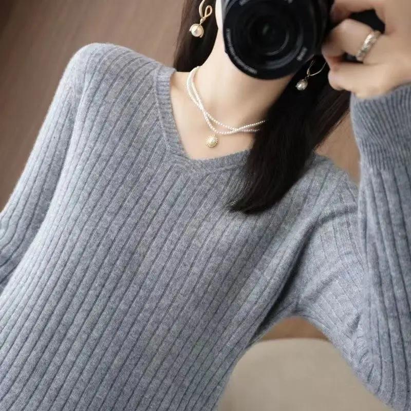 Chic décontracté automne hiver basique pull pulls femmes col en v solide tricot pull ample femme à m