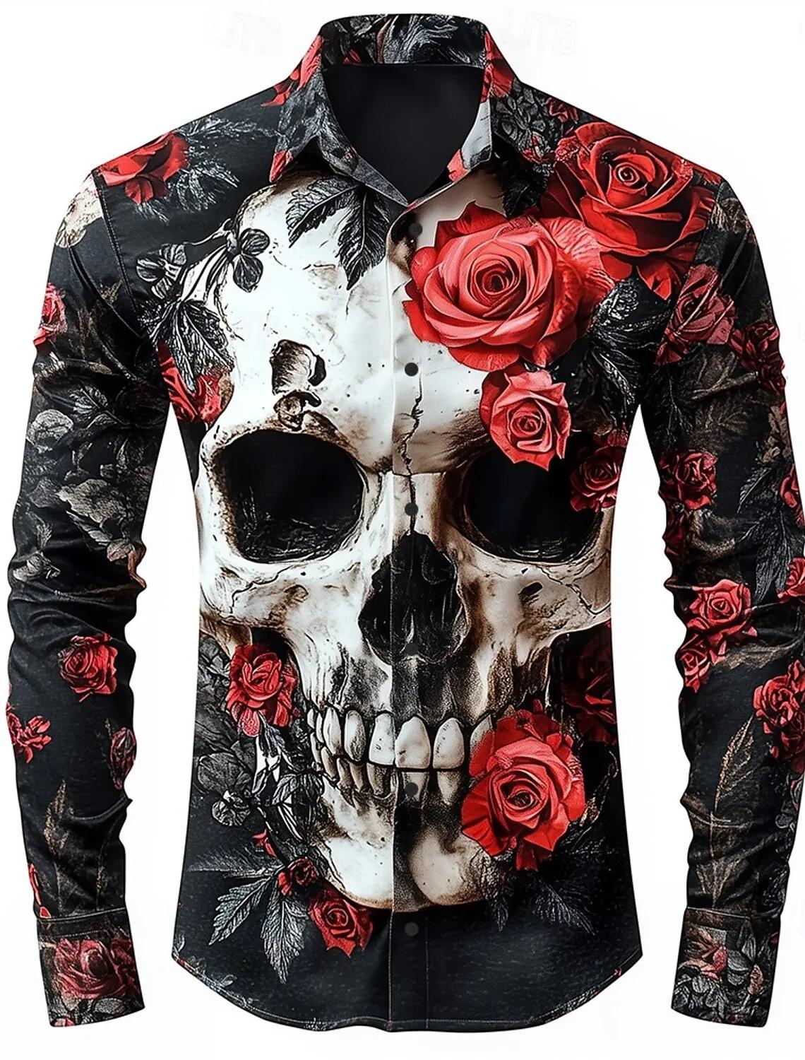 Chemise boutonnée à manches longues pour hommes, squelette Rose Skulls, Style gothique foncé, Street