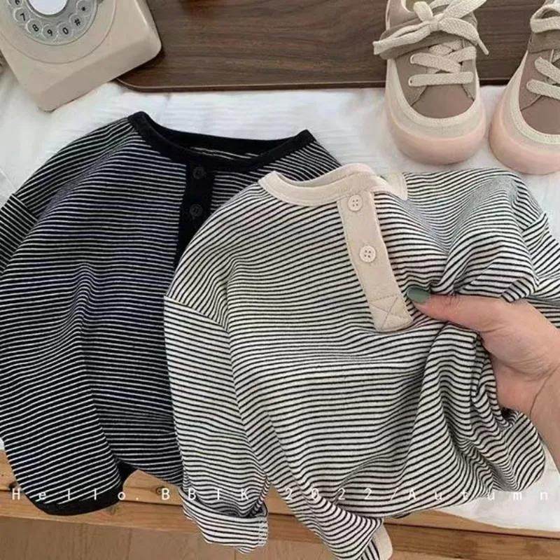 T-shirt rayé coréen à manches longues pour enfants, haut simple pour bébé, chemise chaude pour garço