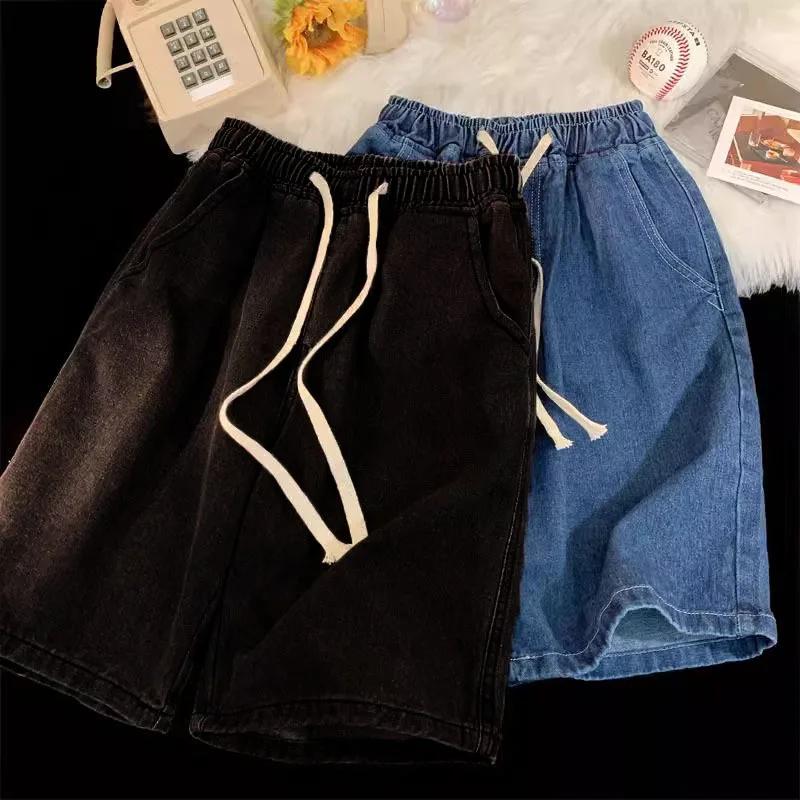 Jean noir Vintage Y2k pour hommes, pantalon large décontracté taille basse, short en jean porté, vêt