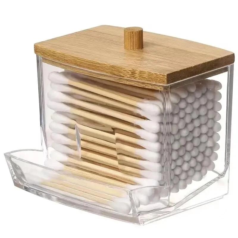 Boîte rangement coton-tige bambou transparente - Organisation salle de bain écologique - Conteneur cure-dents