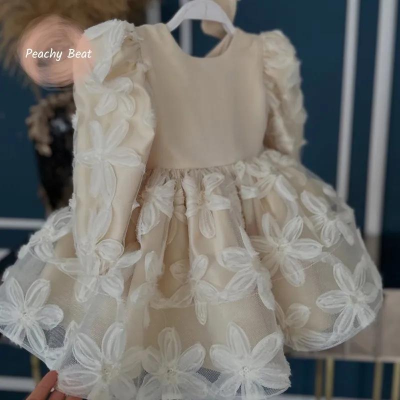 Robe Tutu florale de princesse pour bébé fille, manches longues, style vintage, avec nœud, pour mari