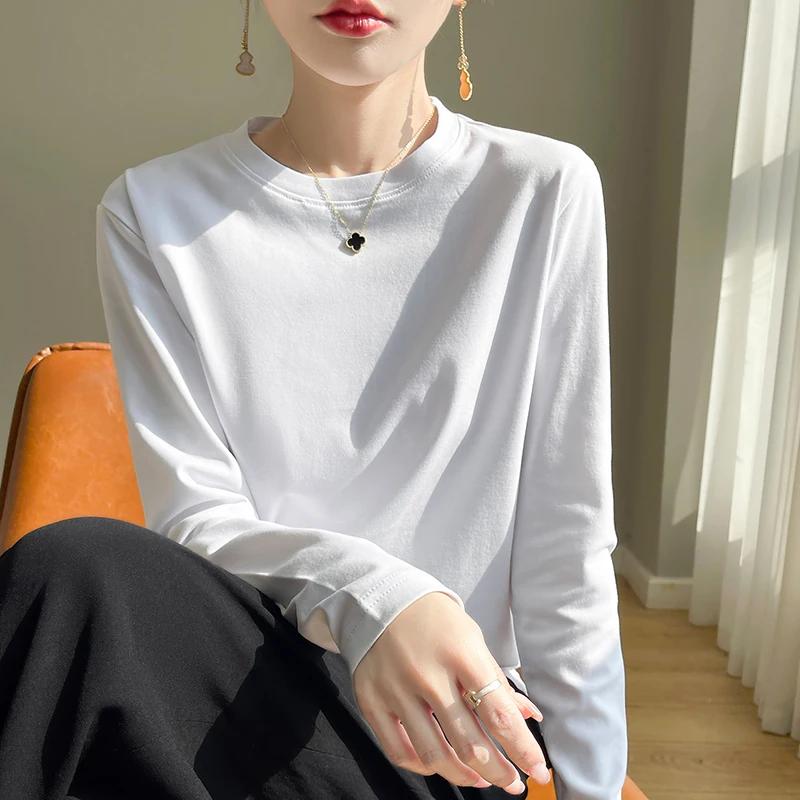 T-Shirt à manches longues et col rond pour femme, 100% coton, chemise à bascule, haut ample, printem