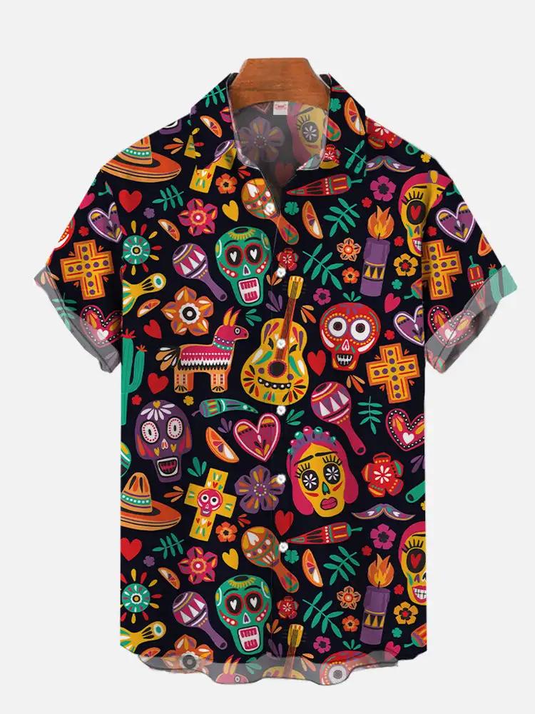 Chemises hawaïennes pour hommes, à la mode, Style mexicain, Graffiti coloré, affiche d'art imprimée,