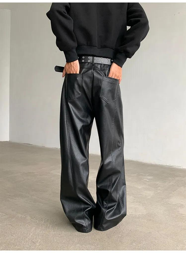 Pantalon droit en cuir PU pour hommes, mode punk, hanche, jambe large, vadrouille, coupe-vent, fjcd 