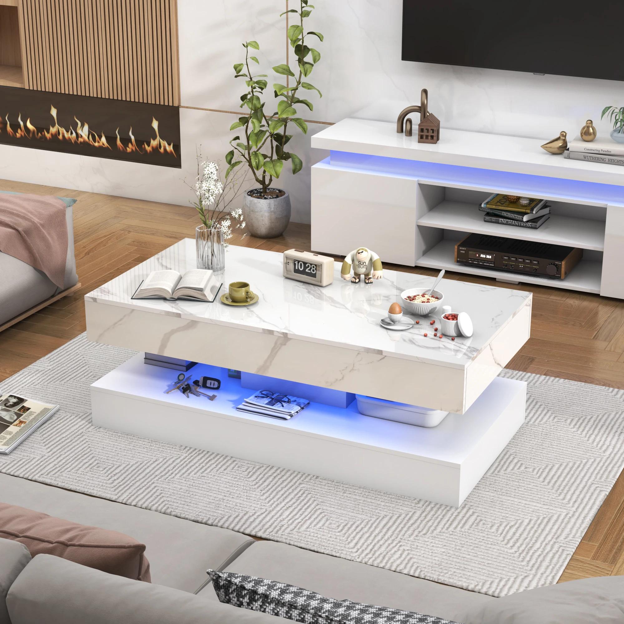 Table basse moderne avec lumières LED, table basse avec 2 rangements, design double couche, salon