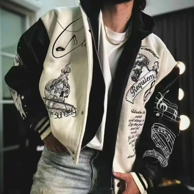 Veste de baseball streetwear pour homme avec manches en cuir PU et broderies, idéale pour le printem