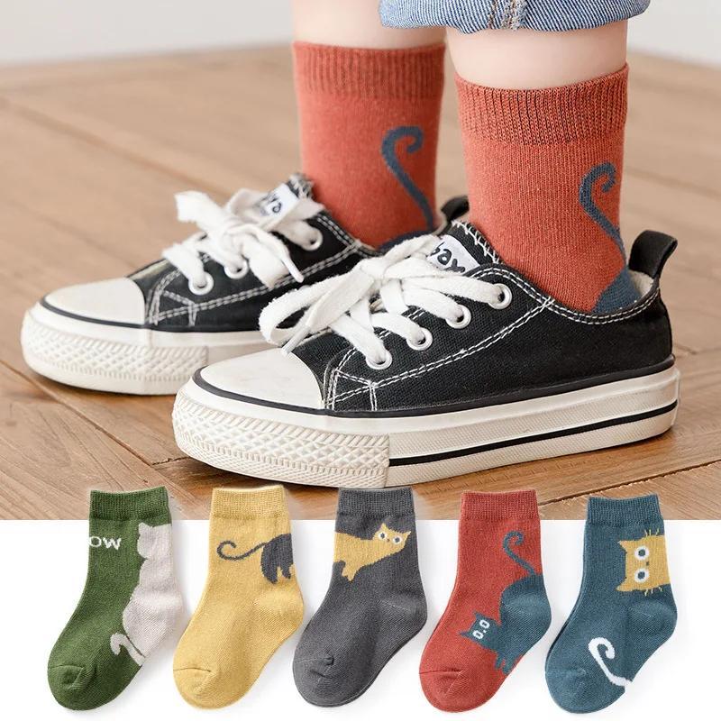 5 paires de chaussettes pour enfants, motif de chat de dessin animé, confortables et respirantes, po