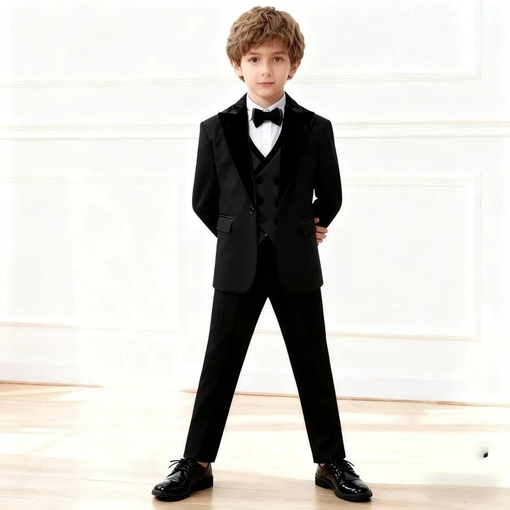 Ensemble de smoking élégant 4 pièces noir pour garçon : blazer, gilet, pantalon – Tenue de cérémonie