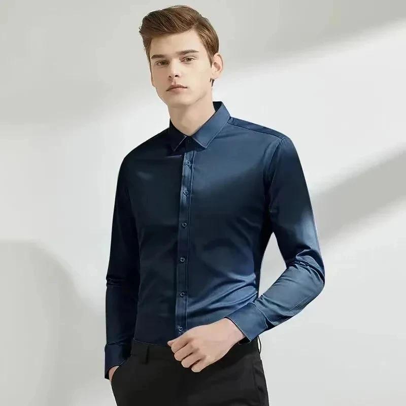 Chemise élastique à manches longues pour hommes, tenue d'affaires décontractée sans repassage, tenue