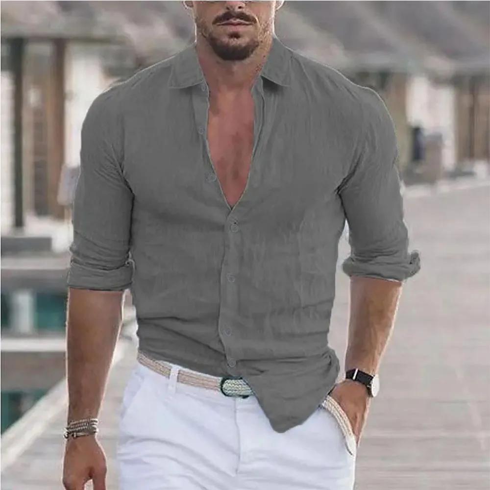 Chemise de plage en coton et lin pour hommes, décontractée, col Polo, manches longues, couleur unie,