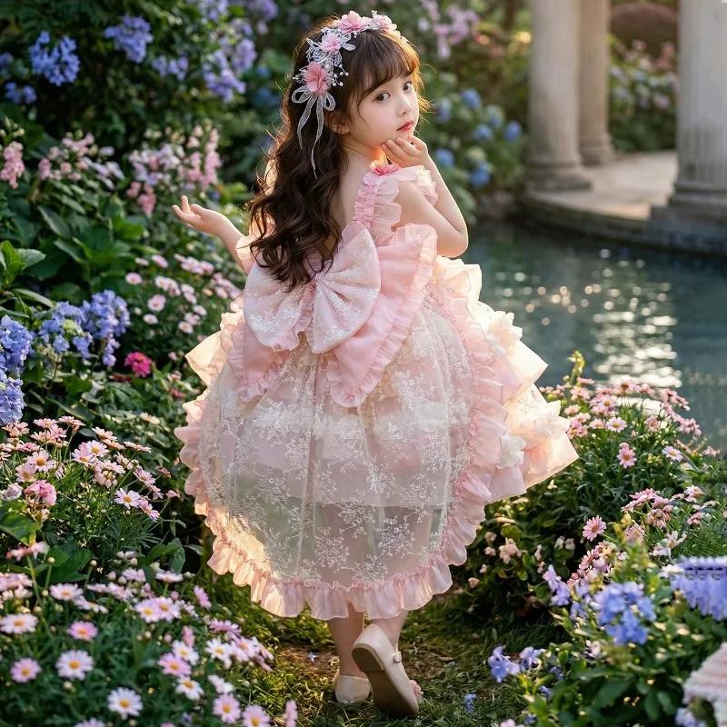 Robe de princesse Lolita originale pour filles, robe rose à fleurs pour anniversaire, mariage, fête,