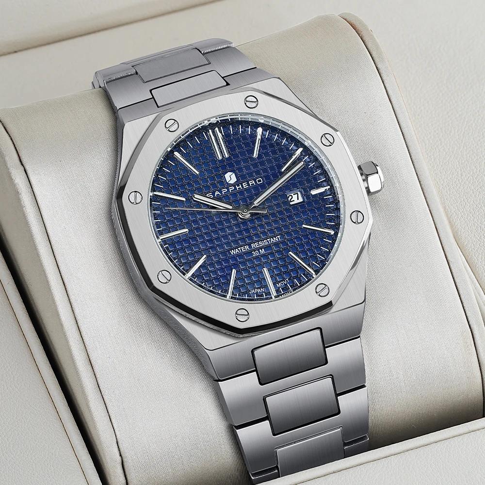 SAPPHERO montre pour hommes, bracelet en acier inoxydable, conception résistante à l'eau, calendrier