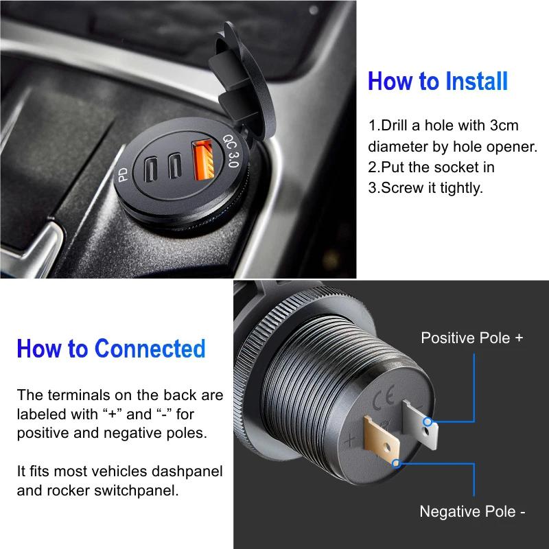 Prise USB 3.0, adaptateur de charge rapide Type-C 60W pour voiture, camion, moto, camping-car, batea