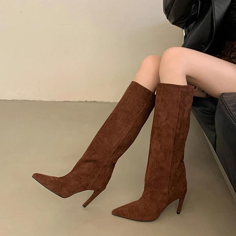 Liyke automne hiver mode mince genou bottes hautes femmes Sexy bout pointu bas talon mince chaussure