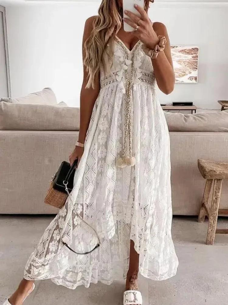 Robe longue en dentelle sans manches pour femmes, mode d'été, Sexy, plage, vacances, col en V, ajour