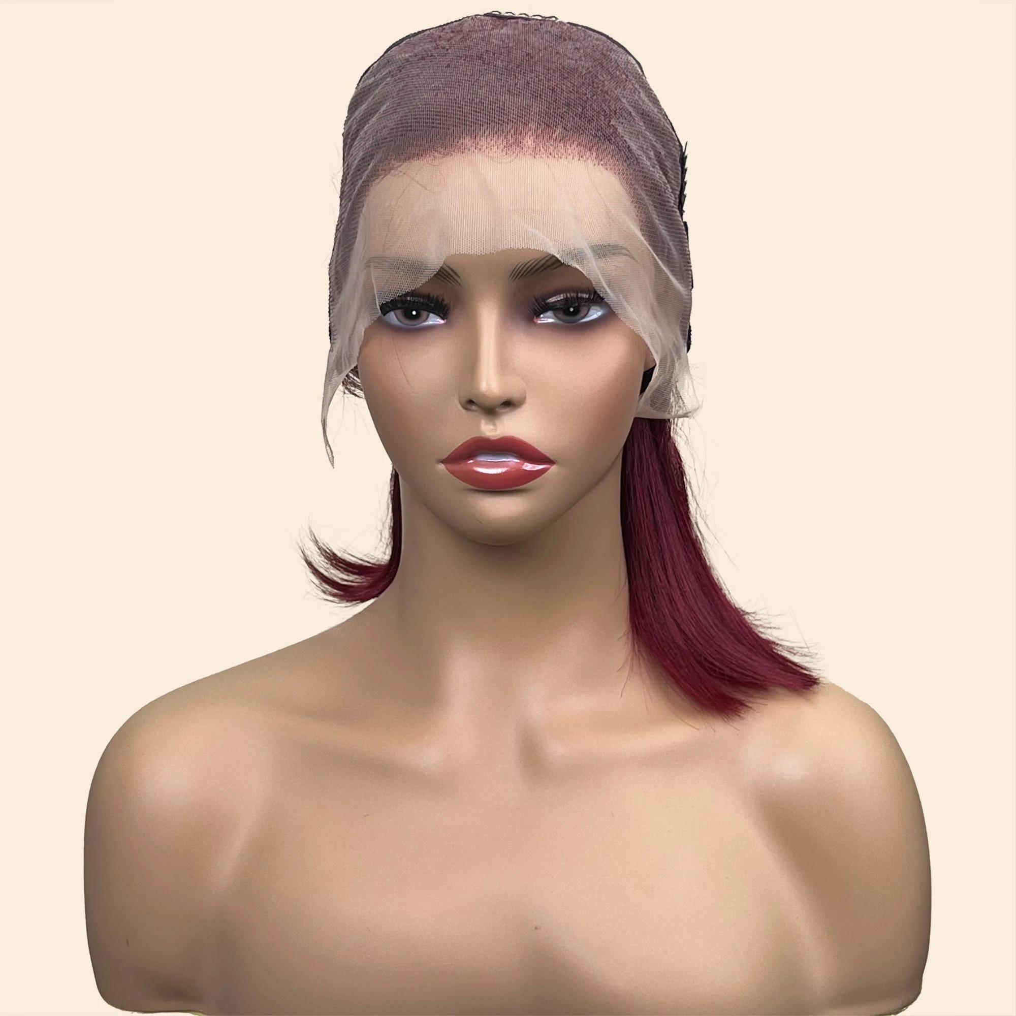 Perruque Bob Lace Front Wig Remy Naturelle Lisse, Cheveux Courts, Bordeaux 99J, 13x4, Pre-Plucked, D