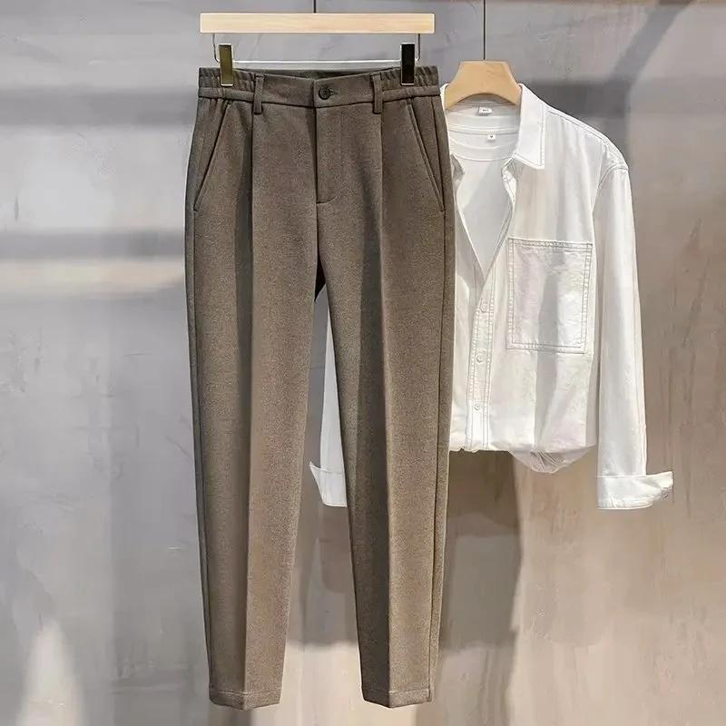Pantalon de costume en laine pour hommes, mode coréenne, Slim, droit, taille élastique, formel, Busi