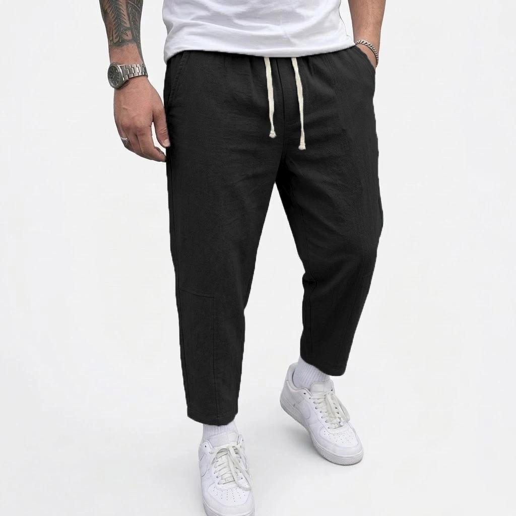 Pantalon en lin pour homme, couleur unie, décontracté, respirant, ample, pour le sport, la plage, lé