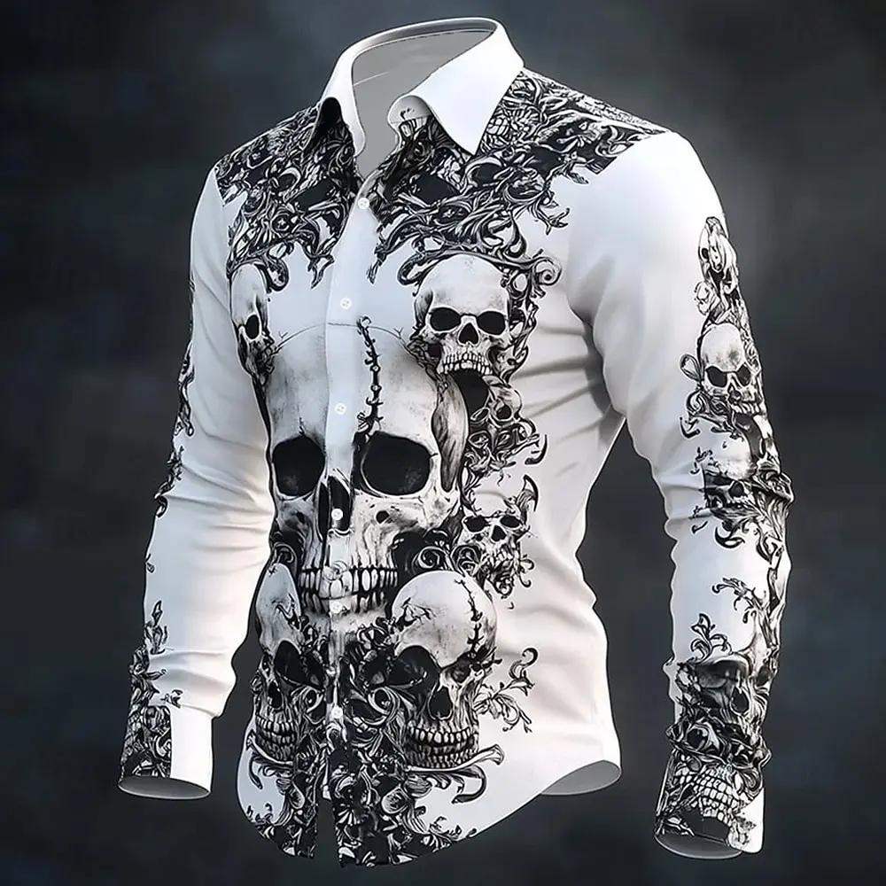 Hip Hop crâne imprimé chemise hommes Streetwear 2025 à manches longues hauts urbain à la mode graphi