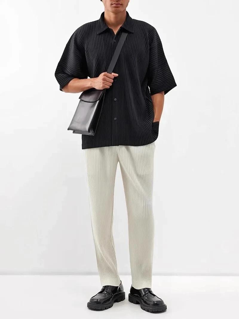 Miyake chemise à revers plissée à manches courtes t-shirt pour hommes chemise unie chemise boutonnée